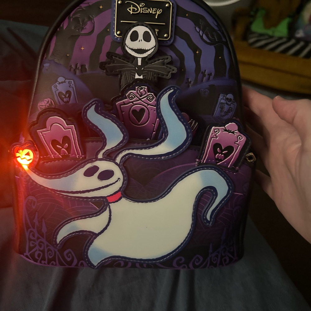 NWT NBC Light Up Loungefly Disney Mini Bag - Purple and Black with White Accents